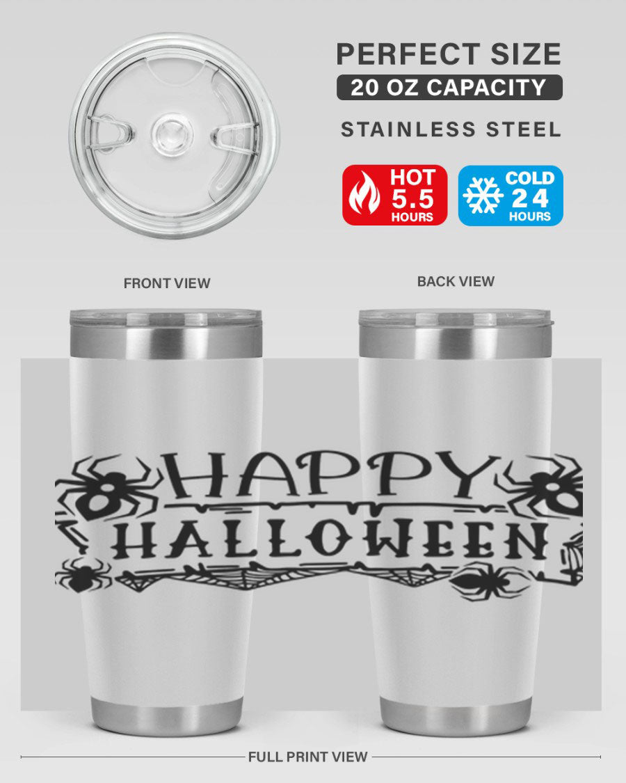 Happy Halloween 62# Tumbler in 20oz and 30oz sizes, featuring a spooky design, double wall vacuum stainless steel, and a drink-thru lid.