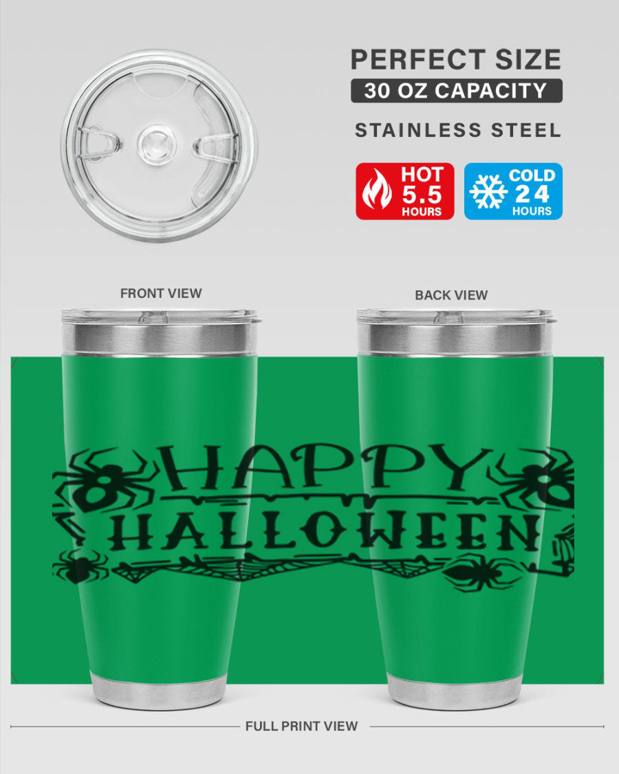 Happy Halloween 62# Tumbler in 20oz and 30oz sizes, featuring a spooky design, double wall vacuum stainless steel, and a drink-thru lid.