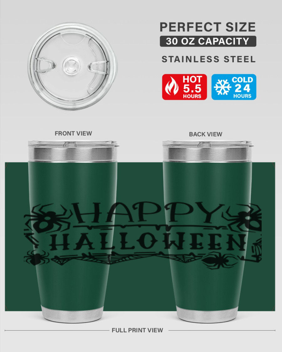 Happy Halloween 62# Tumbler in 20oz and 30oz sizes, featuring a spooky design, double wall vacuum stainless steel, and a drink-thru lid.