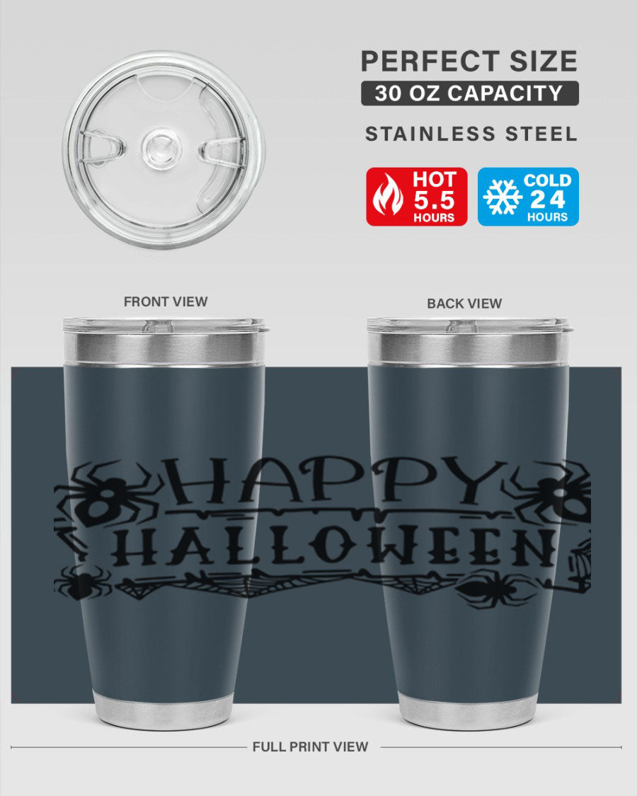 Happy Halloween 62# Tumbler in 20oz and 30oz sizes, featuring a spooky design, double wall vacuum stainless steel, and a drink-thru lid.