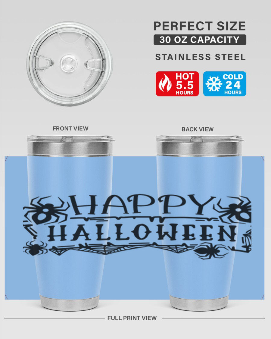 Happy Halloween 62# Tumbler in 20oz and 30oz sizes, featuring a spooky design, double wall vacuum stainless steel, and a drink-thru lid.