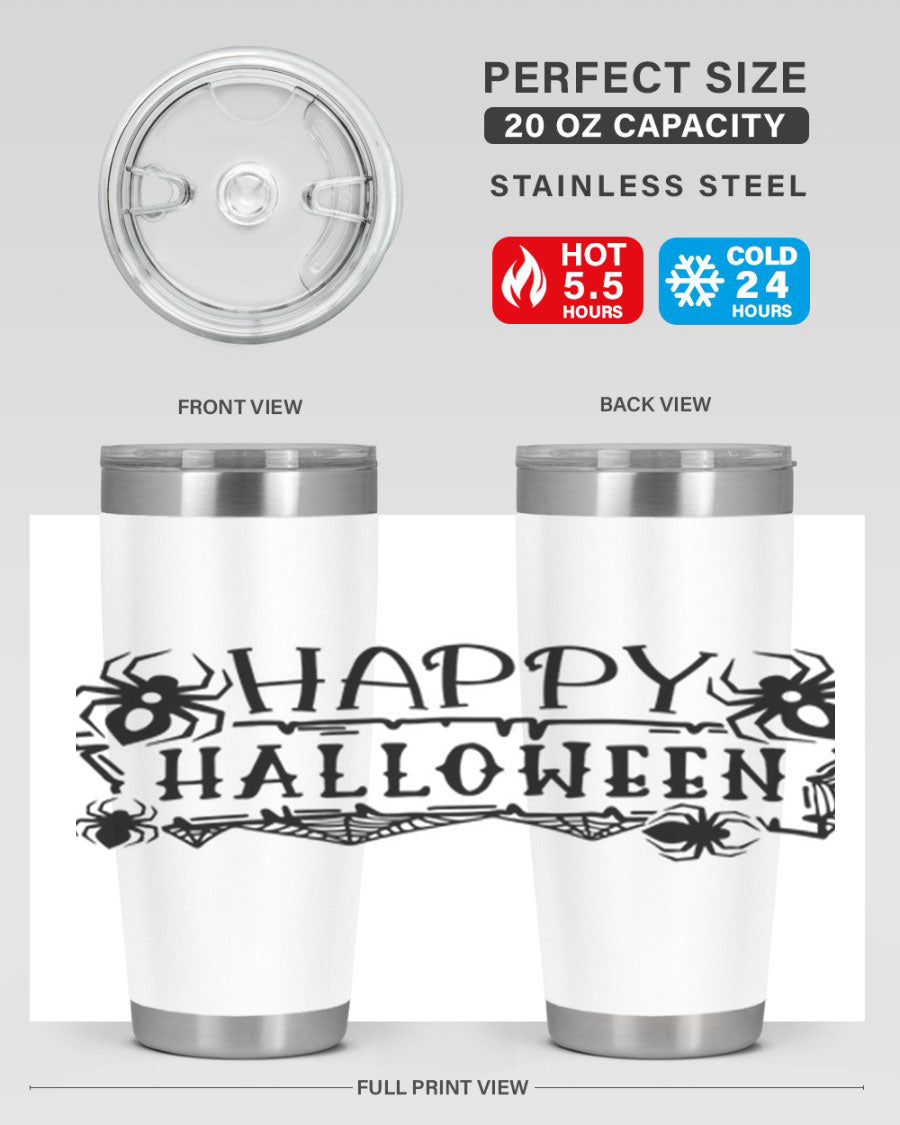 Happy Halloween 62# Tumbler in 20oz and 30oz sizes, featuring a spooky design, double wall vacuum stainless steel, and a drink-thru lid.