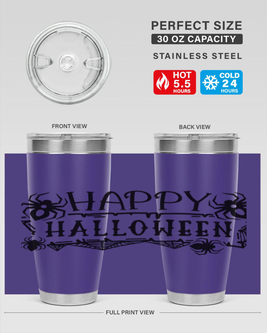 Happy Halloween 62# Tumbler in 20oz and 30oz sizes, featuring a spooky design, double wall vacuum stainless steel, and a drink-thru lid.