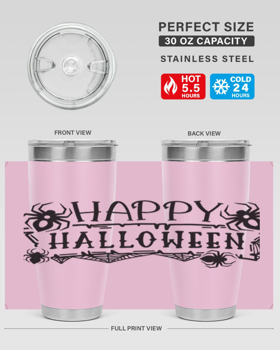Happy Halloween 62# Tumbler in 20oz and 30oz sizes, featuring a spooky design, double wall vacuum stainless steel, and a drink-thru lid.