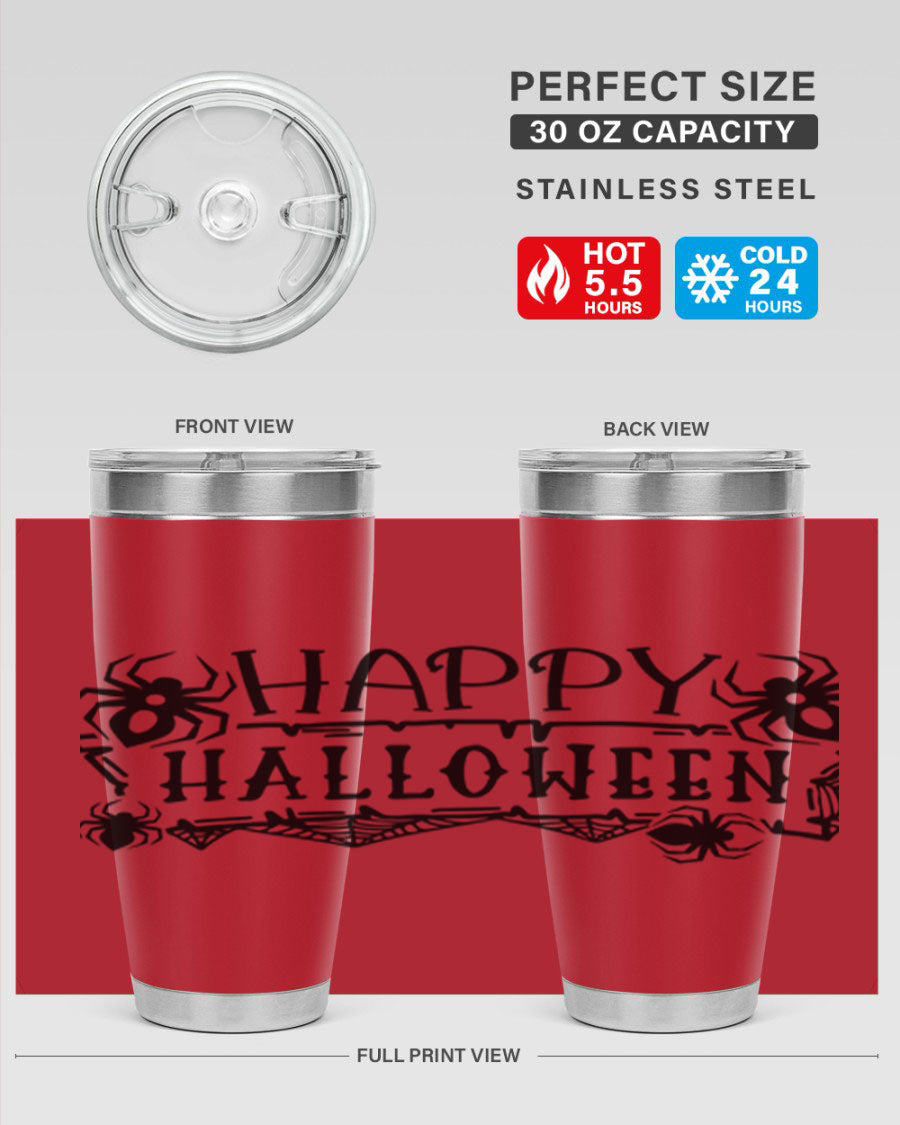 Happy Halloween 62# Tumbler in 20oz and 30oz sizes, featuring a spooky design, double wall vacuum stainless steel, and a drink-thru lid.