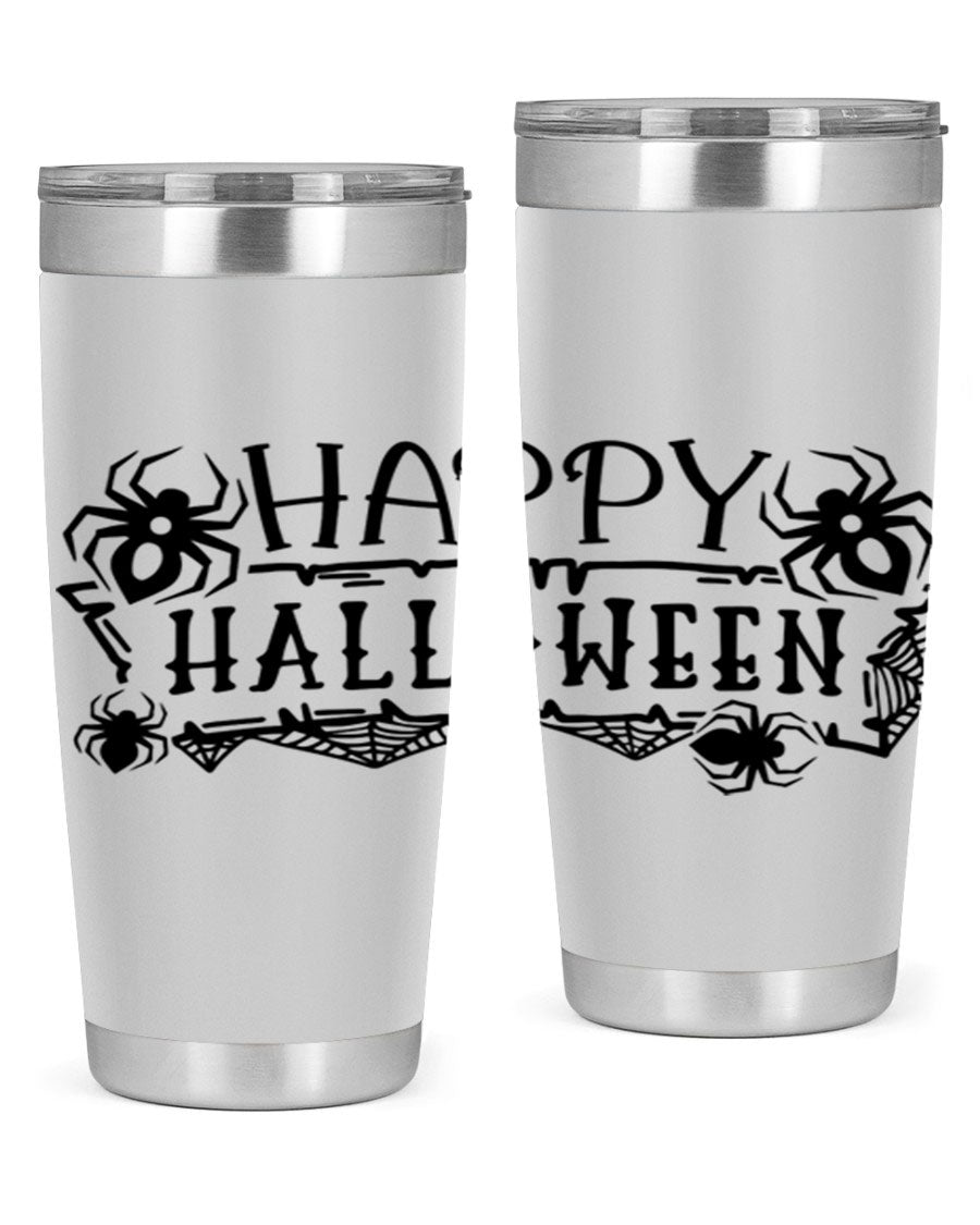 Happy Halloween 62# Tumbler in 20oz and 30oz sizes, featuring a spooky design, double wall vacuum stainless steel, and a drink-thru lid.