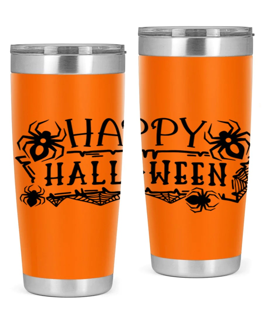 Happy Halloween 62# Tumbler in 20oz and 30oz sizes, featuring a spooky design, double wall vacuum stainless steel, and a drink-thru lid.