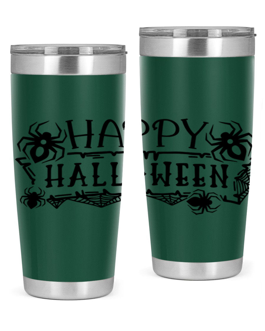 Happy Halloween 62# Tumbler in 20oz and 30oz sizes, featuring a spooky design, double wall vacuum stainless steel, and a drink-thru lid.