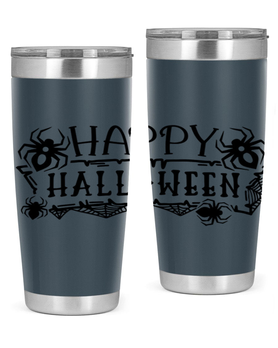 Happy Halloween 62# Tumbler in 20oz and 30oz sizes, featuring a spooky design, double wall vacuum stainless steel, and a drink-thru lid.