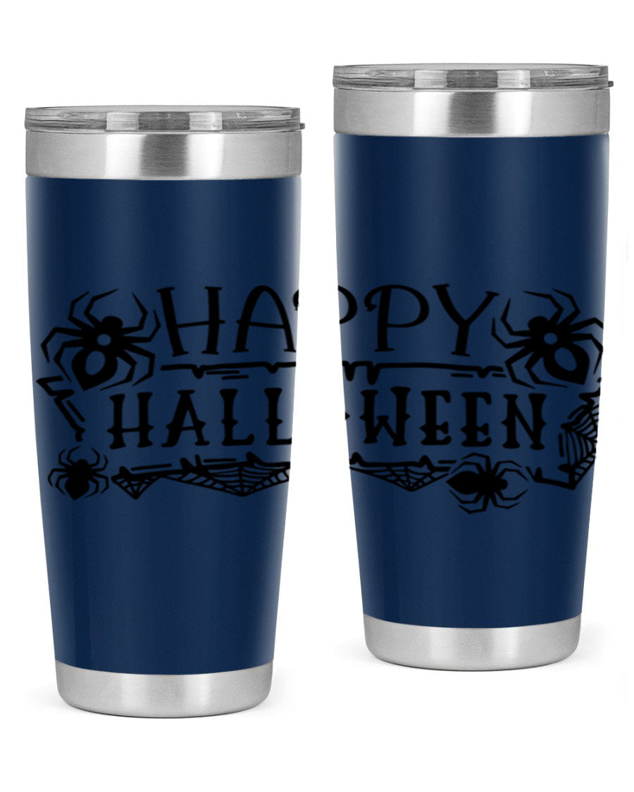 Happy Halloween 62# Tumbler in 20oz and 30oz sizes, featuring a spooky design, double wall vacuum stainless steel, and a drink-thru lid.