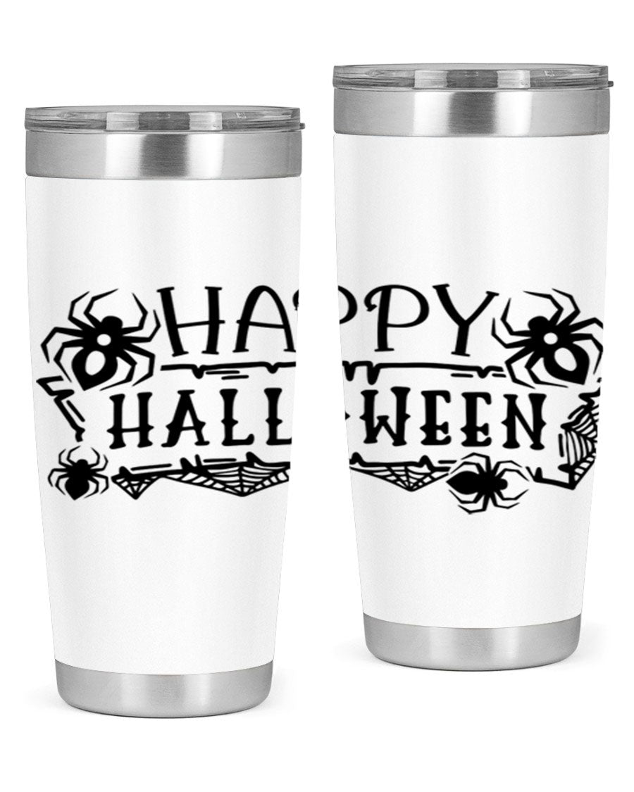 Happy Halloween 62# Tumbler in 20oz and 30oz sizes, featuring a spooky design, double wall vacuum stainless steel, and a drink-thru lid.