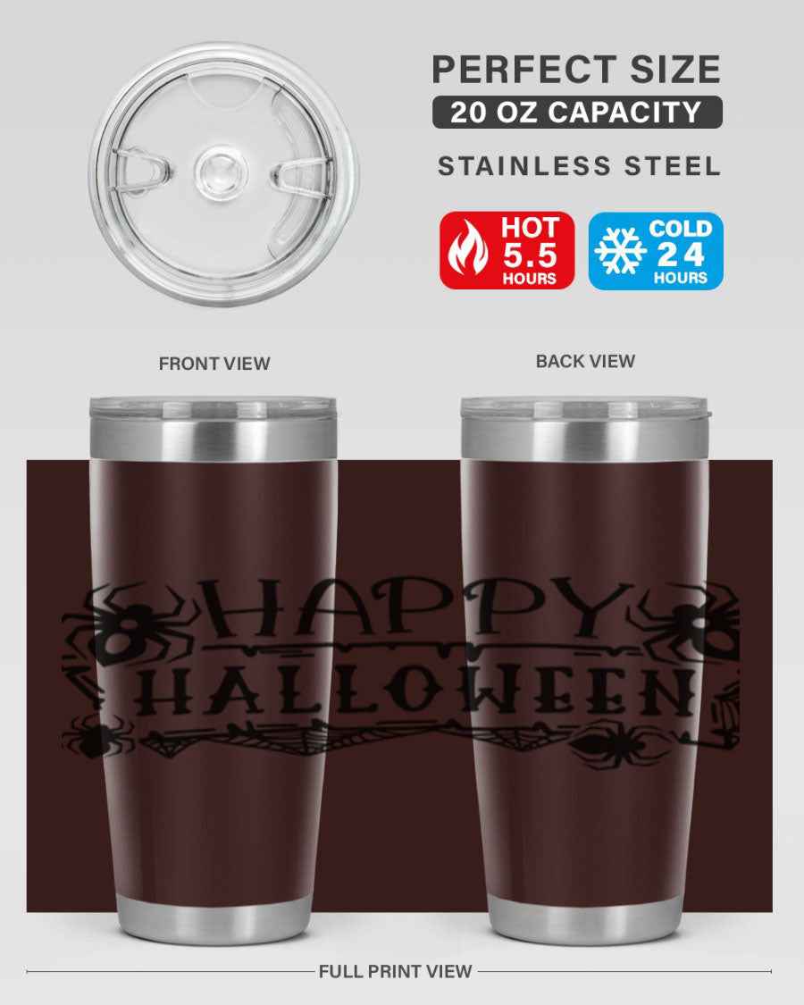 Happy Halloween 62# Tumbler in 20oz and 30oz sizes, featuring a spooky design, double wall vacuum stainless steel, and a drink-thru lid.