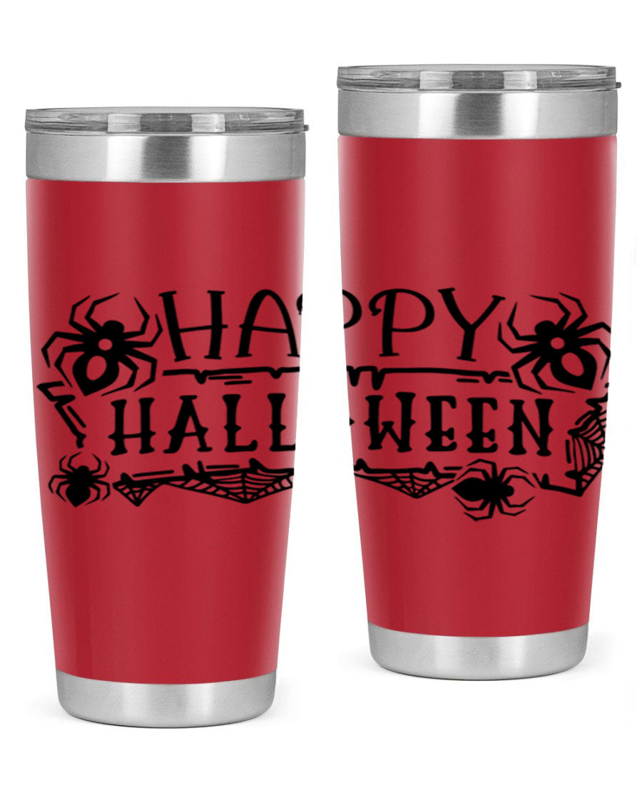 Happy Halloween 62# Tumbler in 20oz and 30oz sizes, featuring a spooky design, double wall vacuum stainless steel, and a drink-thru lid.