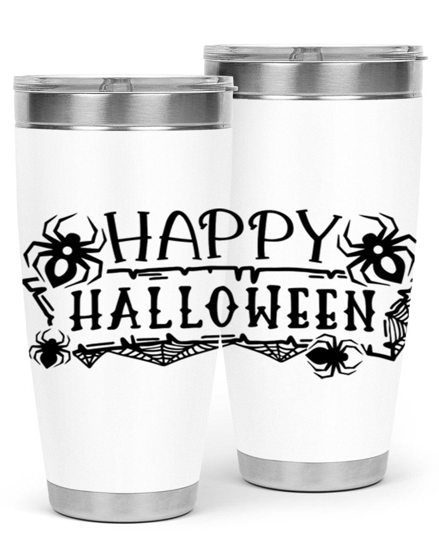 Happy Halloween 62# Tumbler in 20oz and 30oz sizes, featuring a spooky design, double wall vacuum stainless steel, and a drink-thru lid.