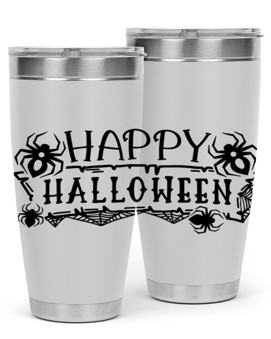 Happy Halloween 62# Tumbler in 20oz and 30oz sizes, featuring a spooky design, double wall vacuum stainless steel, and a drink-thru lid.