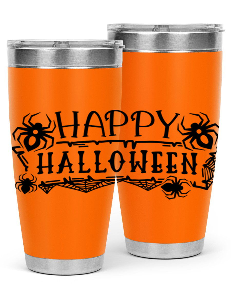 Happy Halloween 62# Tumbler in 20oz and 30oz sizes, featuring a spooky design, double wall vacuum stainless steel, and a drink-thru lid.