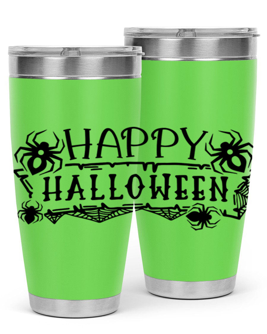 Happy Halloween 62# Tumbler in 20oz and 30oz sizes, featuring a spooky design, double wall vacuum stainless steel, and a drink-thru lid.