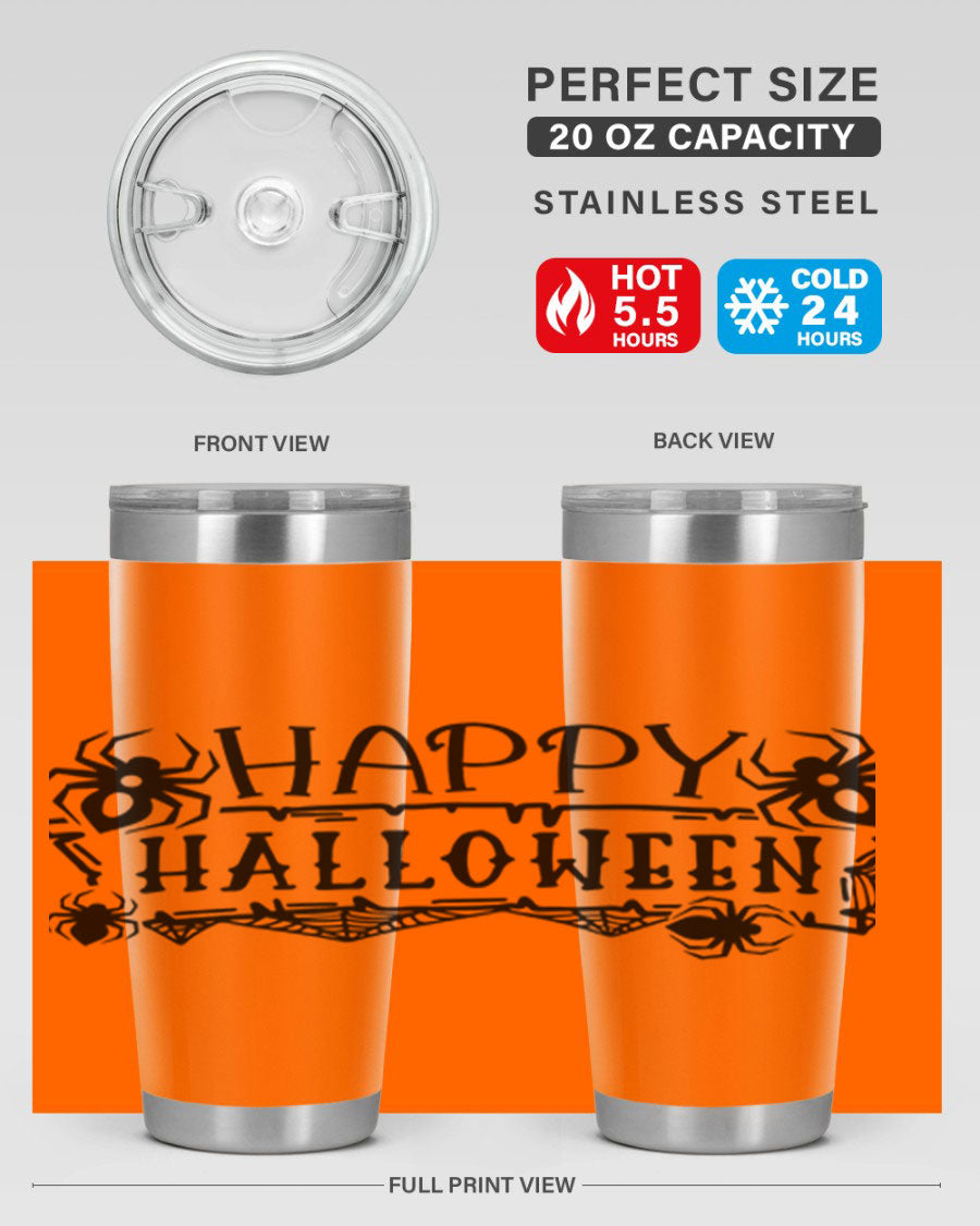Happy Halloween 62# Tumbler in 20oz and 30oz sizes, featuring a spooky design, double wall vacuum stainless steel, and a drink-thru lid.
