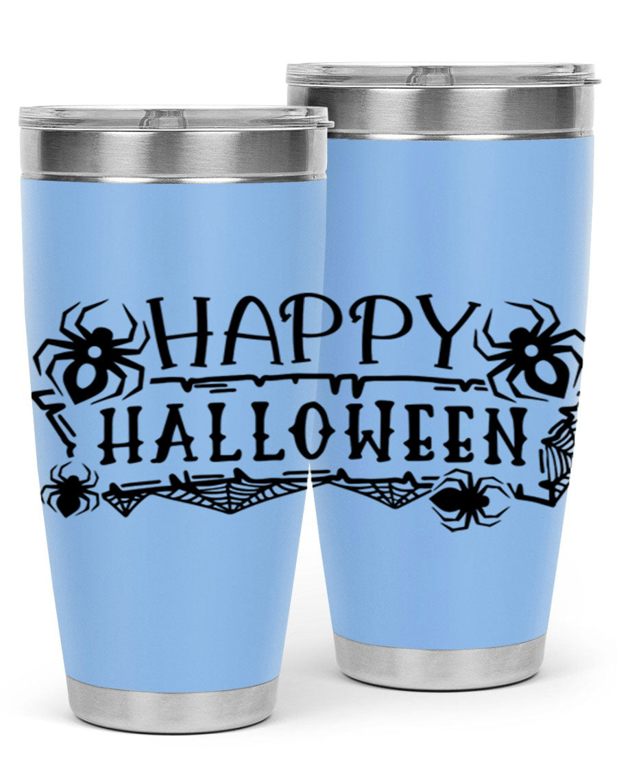 Happy Halloween 62# Tumbler in 20oz and 30oz sizes, featuring a spooky design, double wall vacuum stainless steel, and a drink-thru lid.