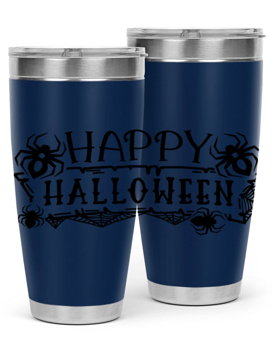 Happy Halloween 62# Tumbler in 20oz and 30oz sizes, featuring a spooky design, double wall vacuum stainless steel, and a drink-thru lid.