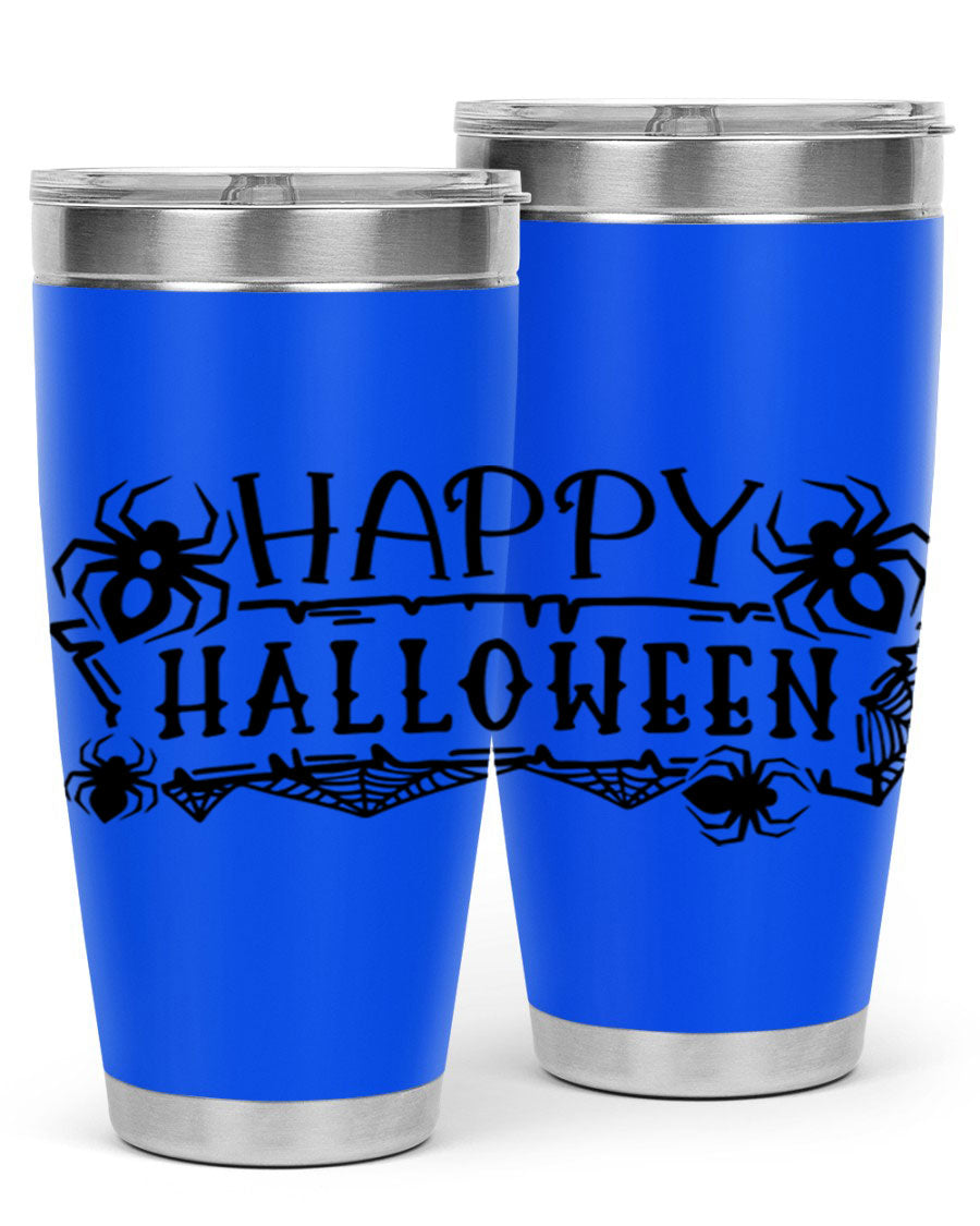 Happy Halloween 62# Tumbler in 20oz and 30oz sizes, featuring a spooky design, double wall vacuum stainless steel, and a drink-thru lid.