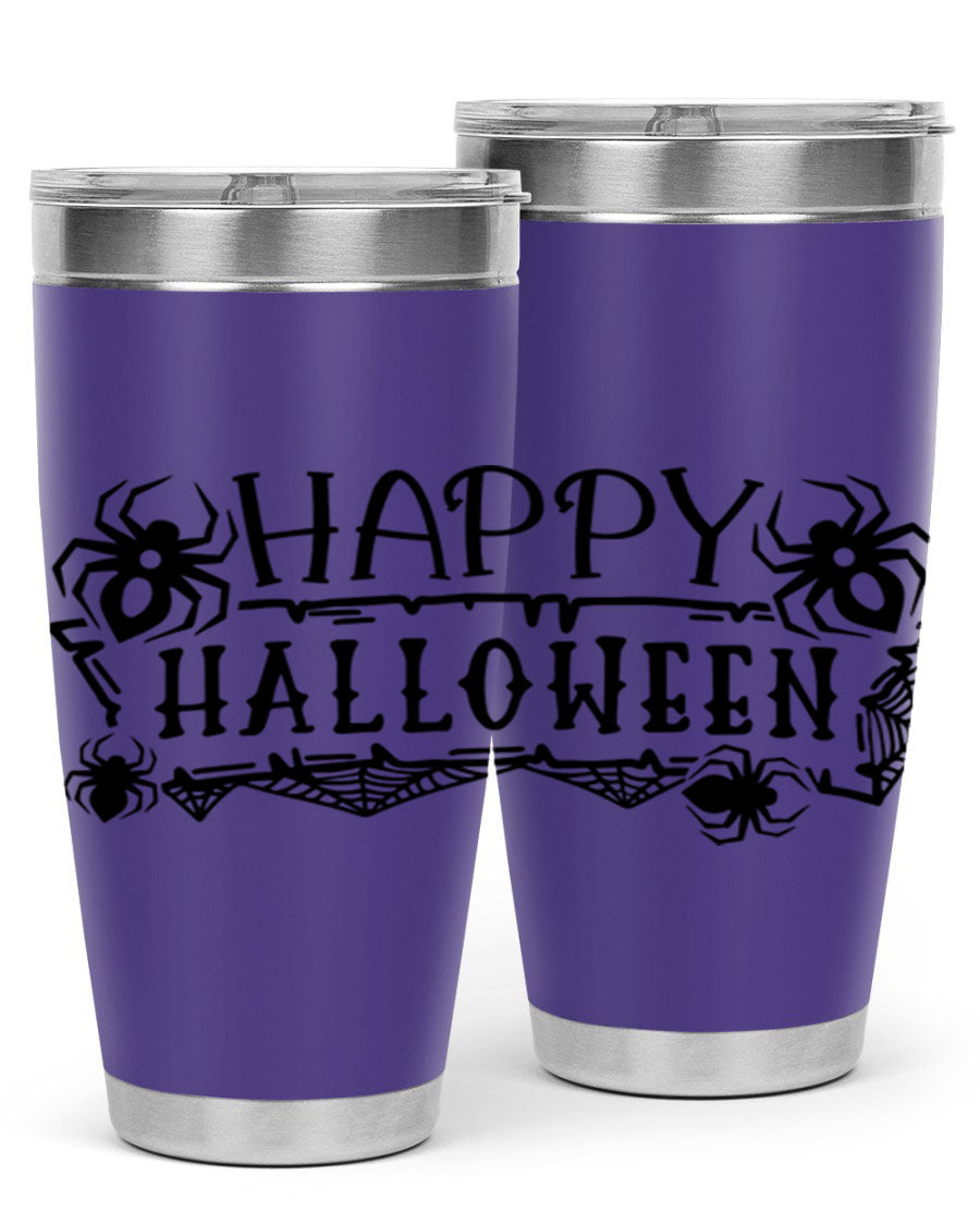 Happy Halloween 62# Tumbler in 20oz and 30oz sizes, featuring a spooky design, double wall vacuum stainless steel, and a drink-thru lid.