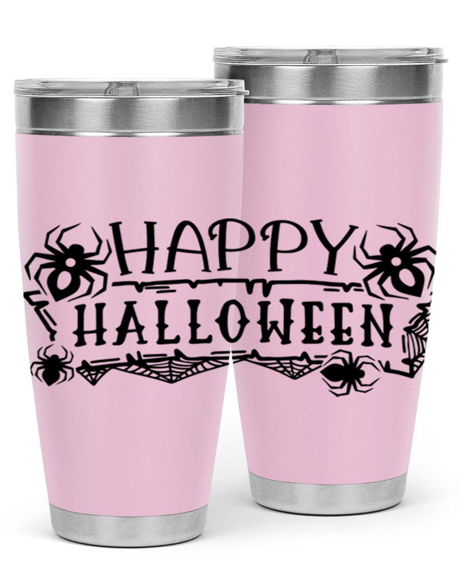 Happy Halloween 62# Tumbler in 20oz and 30oz sizes, featuring a spooky design, double wall vacuum stainless steel, and a drink-thru lid.
