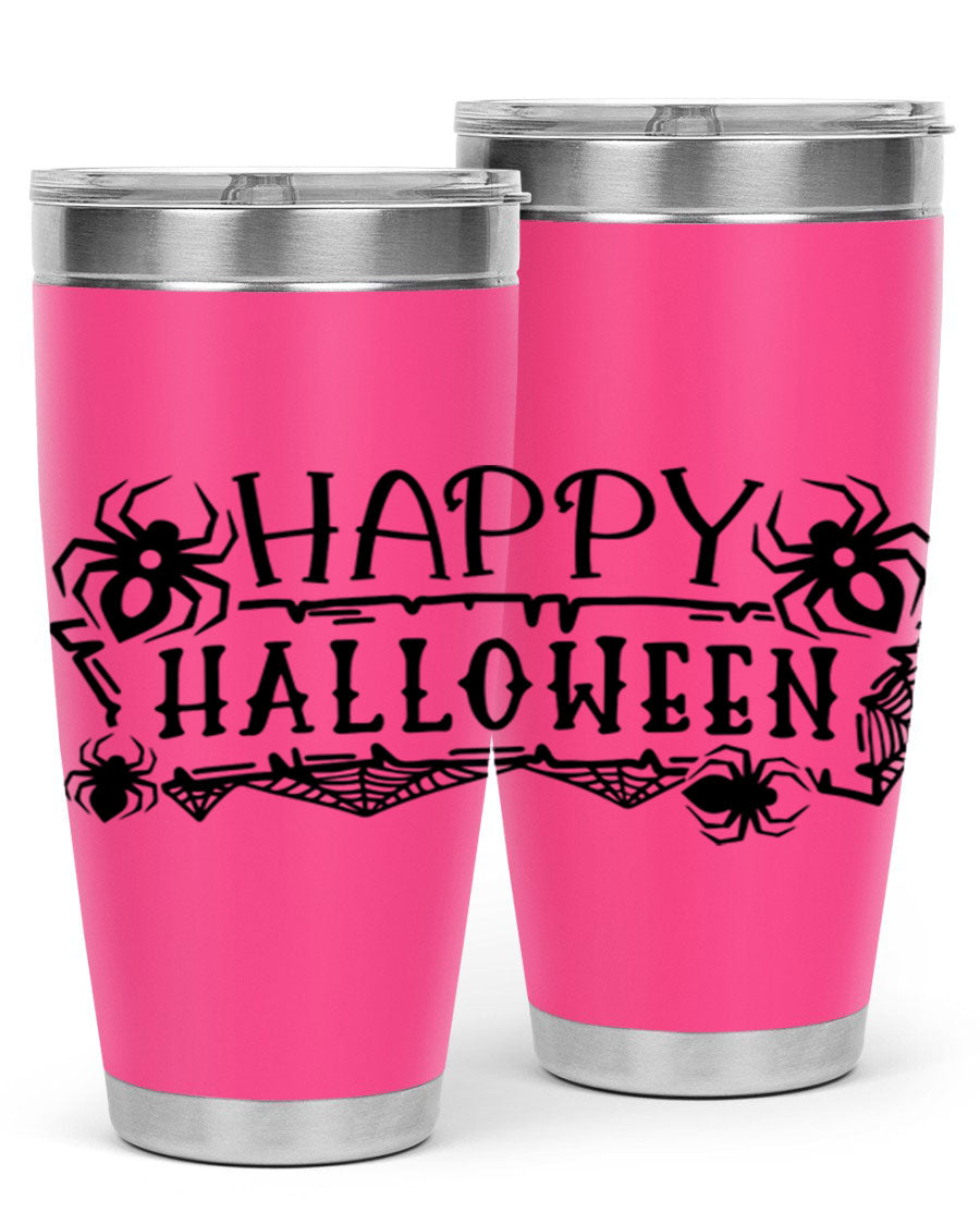 Happy Halloween 62# Tumbler in 20oz and 30oz sizes, featuring a spooky design, double wall vacuum stainless steel, and a drink-thru lid.