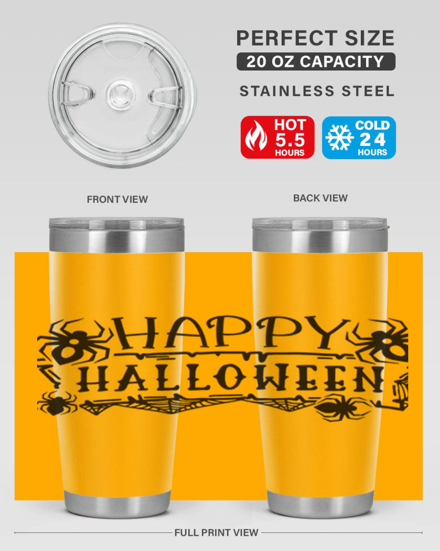 Happy Halloween 62# Tumbler in 20oz and 30oz sizes, featuring a spooky design, double wall vacuum stainless steel, and a drink-thru lid.