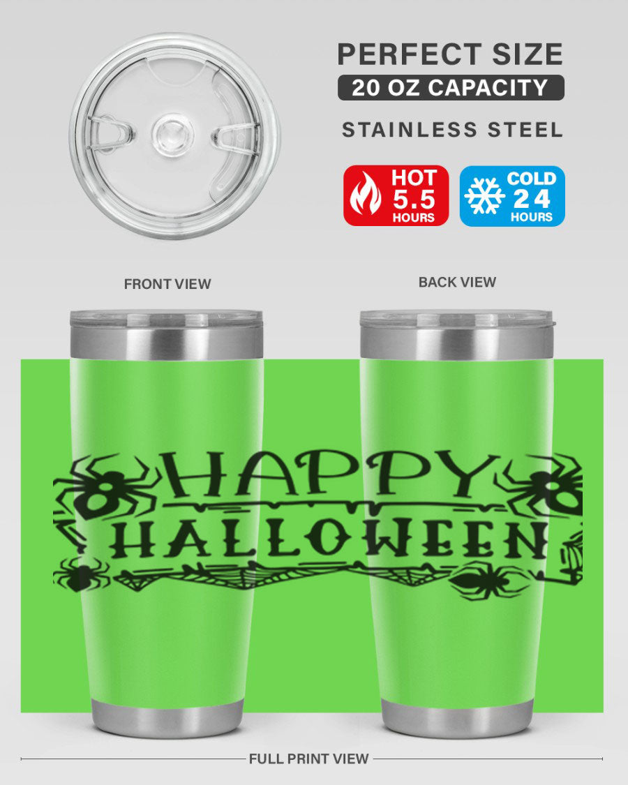 Happy Halloween 62# Tumbler in 20oz and 30oz sizes, featuring a spooky design, double wall vacuum stainless steel, and a drink-thru lid.
