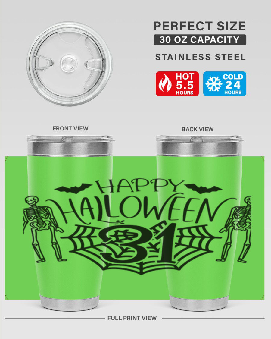 Happy Halloween 65# Tumbler in 20oz and 30oz sizes, featuring a festive design, double wall vacuum stainless steel construction, and a drink-thru lid.