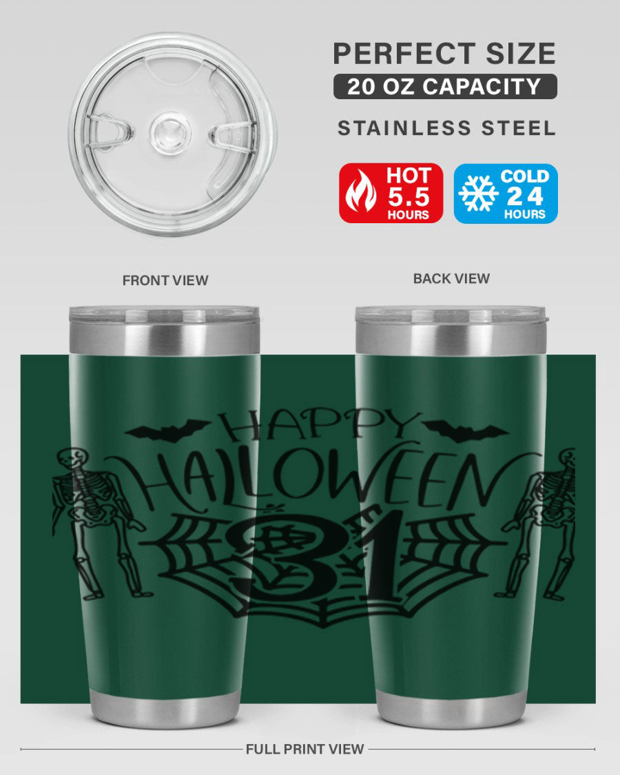 Happy Halloween 65# Tumbler in 20oz and 30oz sizes, featuring a festive design, double wall vacuum stainless steel construction, and a drink-thru lid.