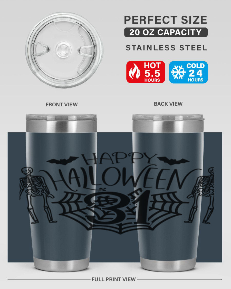 Happy Halloween 65# Tumbler in 20oz and 30oz sizes, featuring a festive design, double wall vacuum stainless steel construction, and a drink-thru lid.