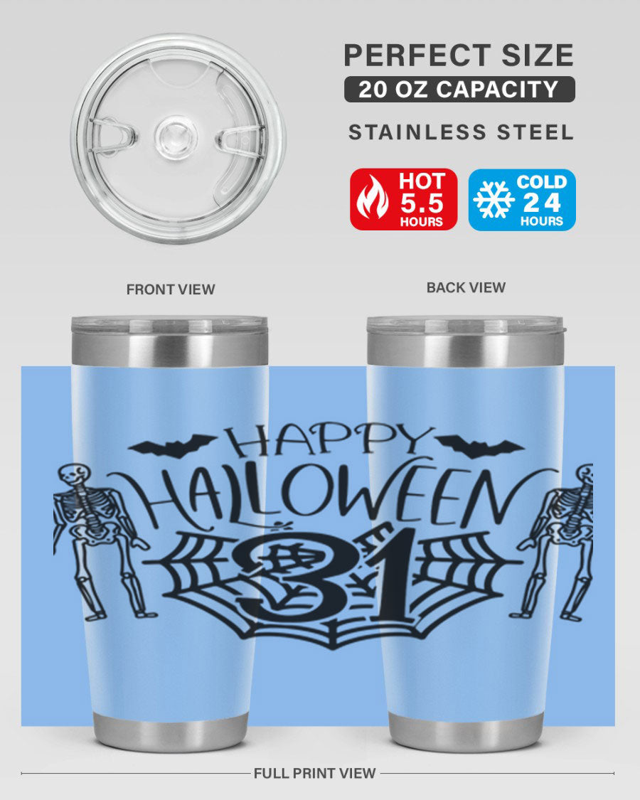 Happy Halloween 65# Tumbler in 20oz and 30oz sizes, featuring a festive design, double wall vacuum stainless steel construction, and a drink-thru lid.