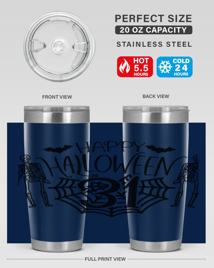 Happy Halloween 65# Tumbler in 20oz and 30oz sizes, featuring a festive design, double wall vacuum stainless steel construction, and a drink-thru lid.