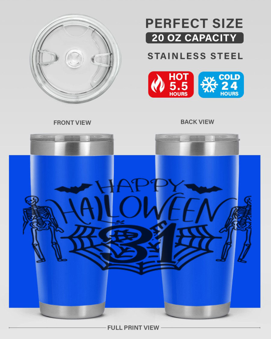 Happy Halloween 65# Tumbler in 20oz and 30oz sizes, featuring a festive design, double wall vacuum stainless steel construction, and a drink-thru lid.