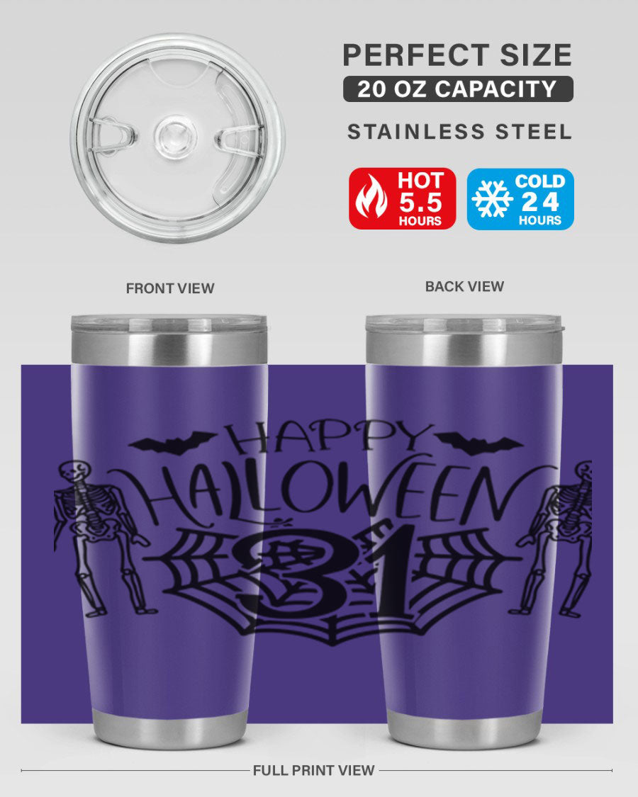 Happy Halloween 65# Tumbler in 20oz and 30oz sizes, featuring a festive design, double wall vacuum stainless steel construction, and a drink-thru lid.