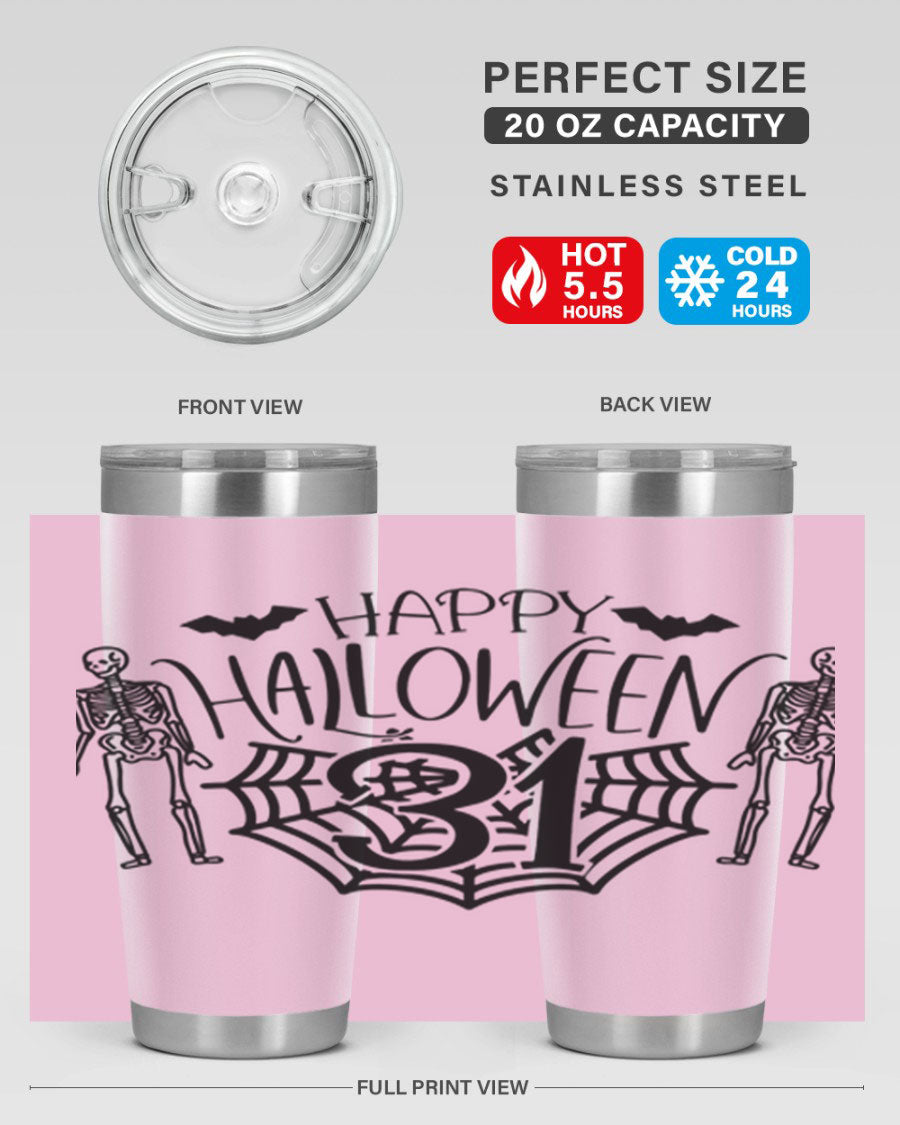 Happy Halloween 65# Tumbler in 20oz and 30oz sizes, featuring a festive design, double wall vacuum stainless steel construction, and a drink-thru lid.