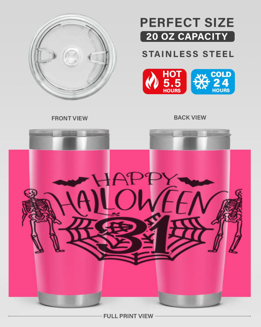 Happy Halloween 65# Tumbler in 20oz and 30oz sizes, featuring a festive design, double wall vacuum stainless steel construction, and a drink-thru lid.
