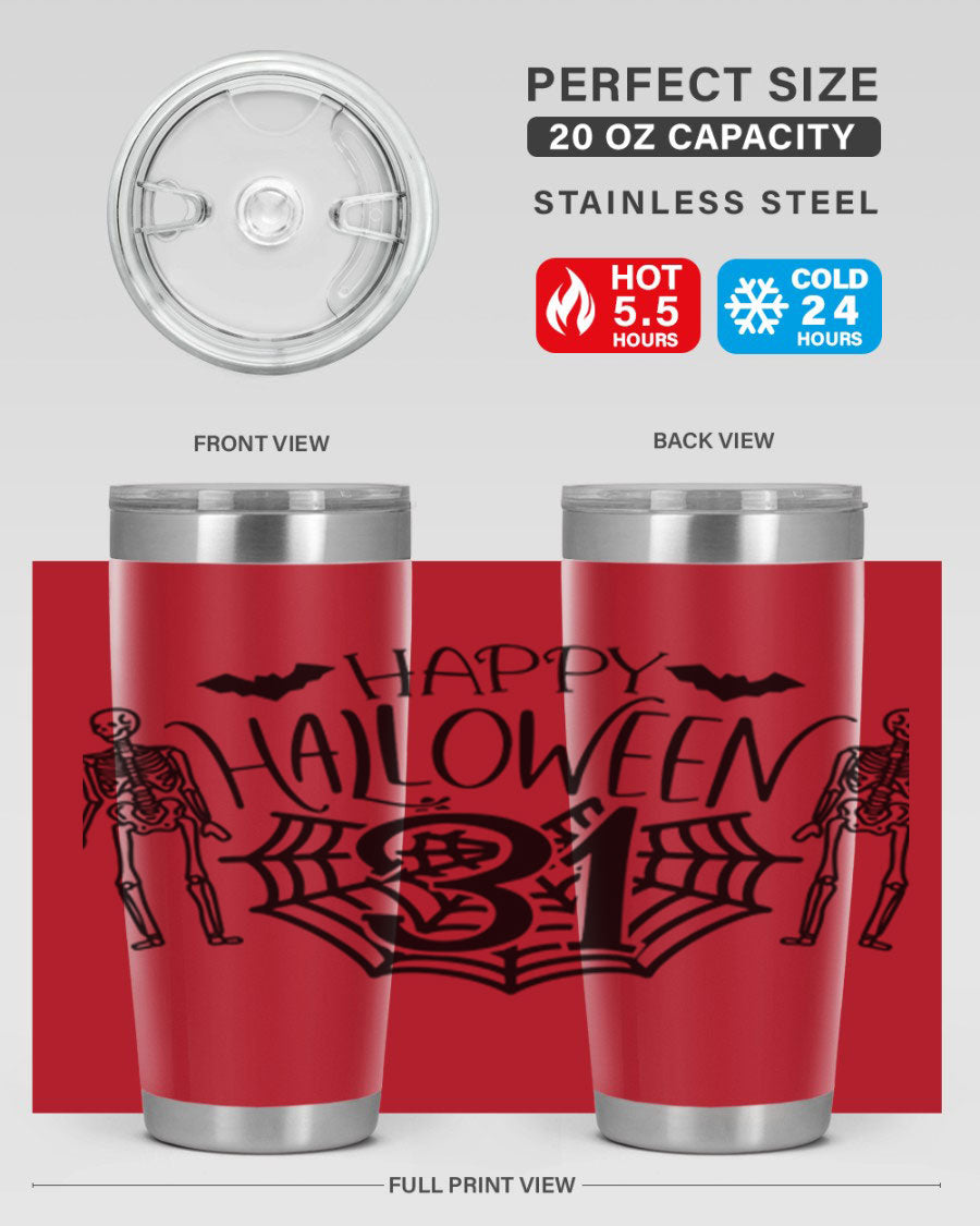Happy Halloween 65# Tumbler in 20oz and 30oz sizes, featuring a festive design, double wall vacuum stainless steel construction, and a drink-thru lid.