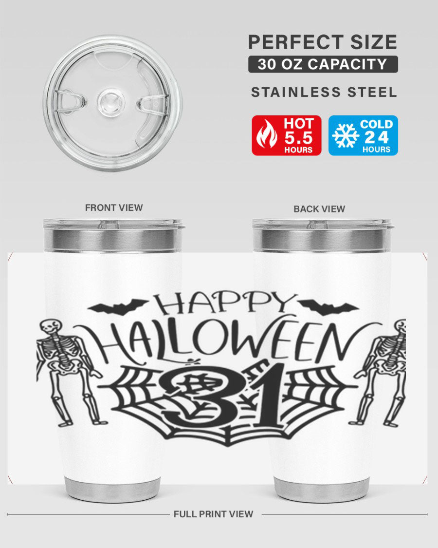 Happy Halloween 65# Tumbler in 20oz and 30oz sizes, featuring a festive design, double wall vacuum stainless steel construction, and a drink-thru lid.