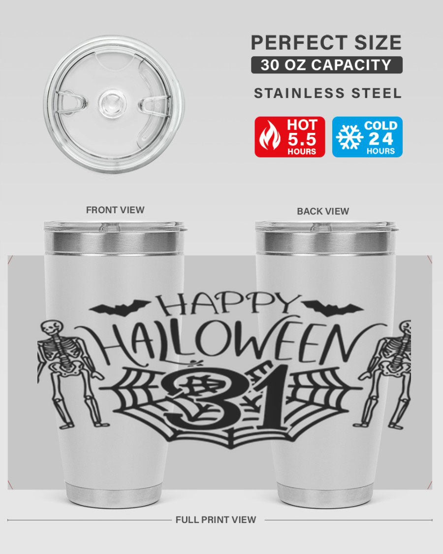 Happy Halloween 65# Tumbler in 20oz and 30oz sizes, featuring a festive design, double wall vacuum stainless steel construction, and a drink-thru lid.