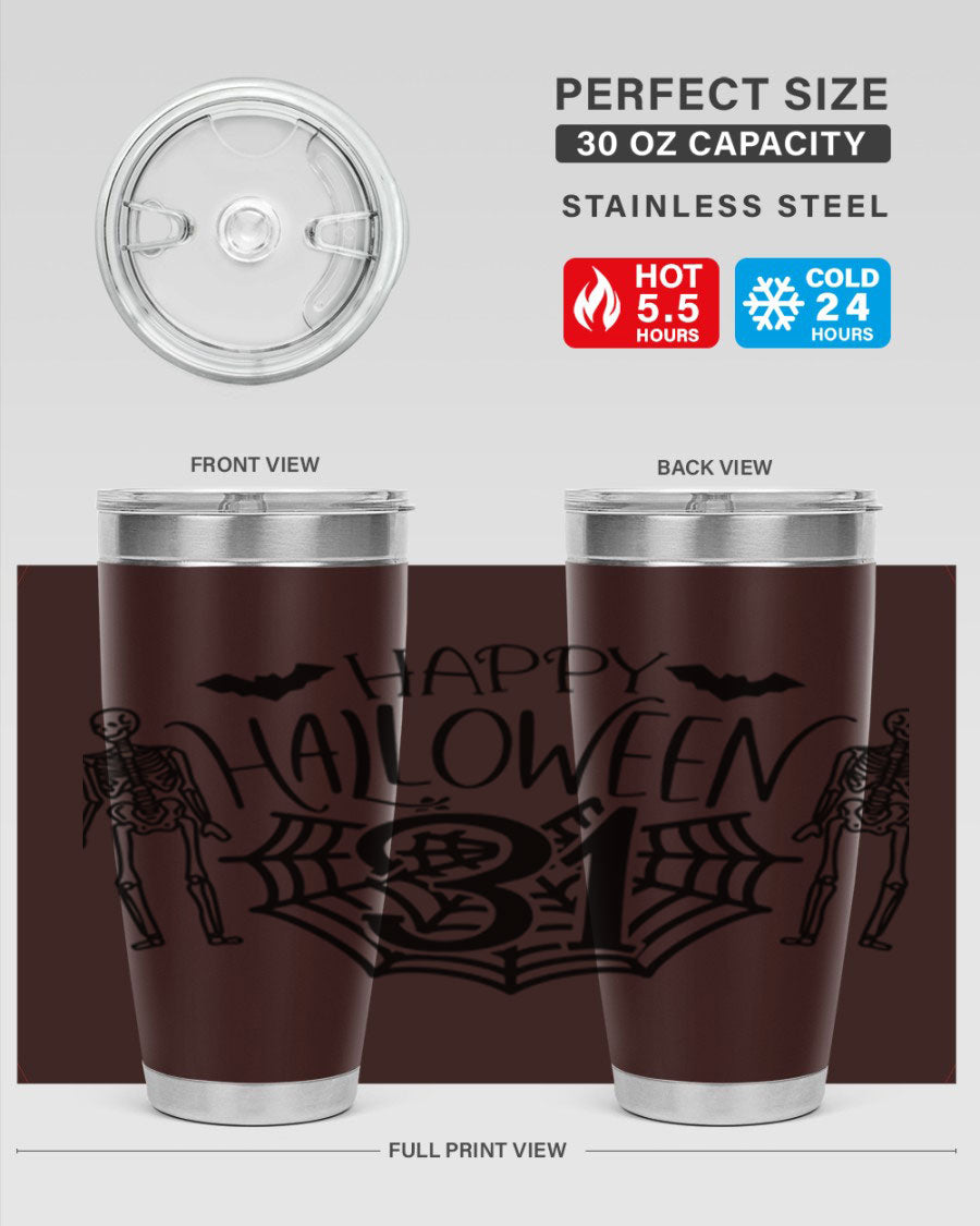 Happy Halloween 65# Tumbler in 20oz and 30oz sizes, featuring a festive design, double wall vacuum stainless steel construction, and a drink-thru lid.