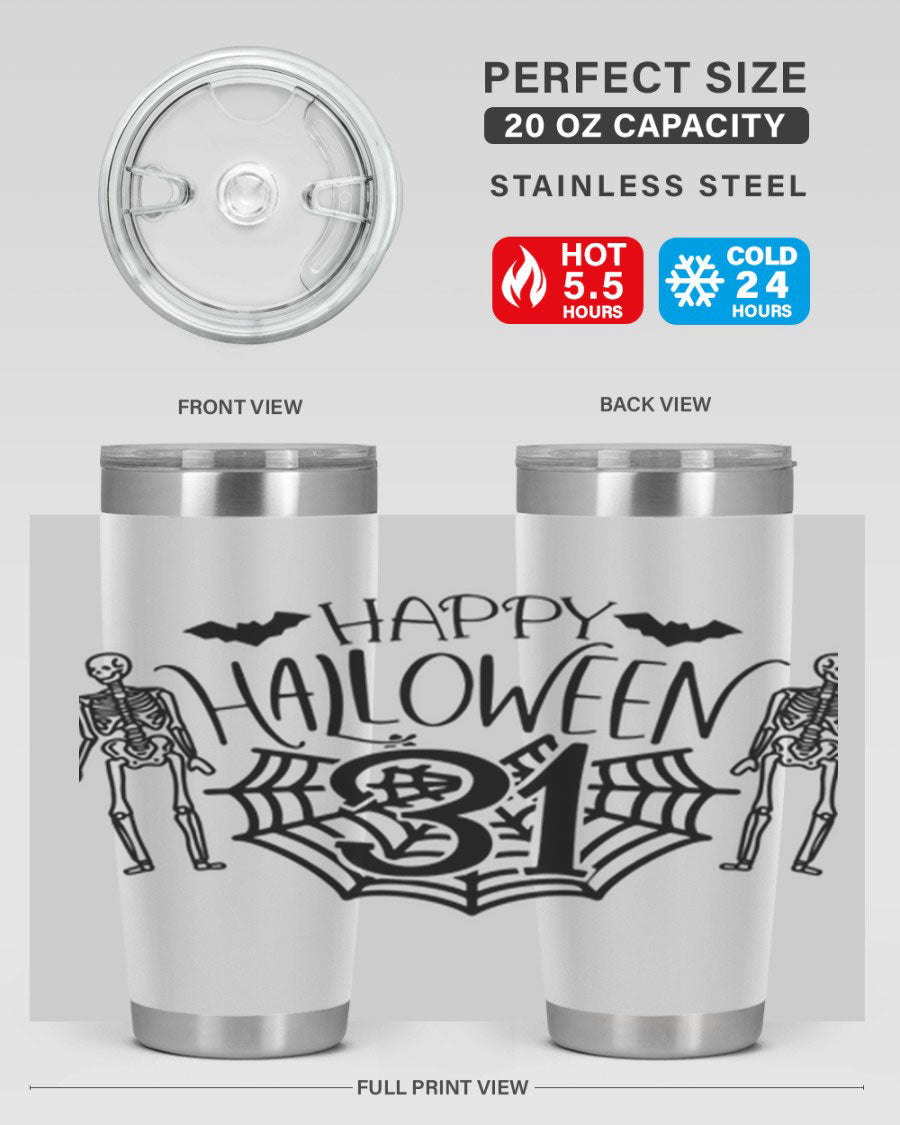 Happy Halloween 65# Tumbler in 20oz and 30oz sizes, featuring a festive design, double wall vacuum stainless steel construction, and a drink-thru lid.