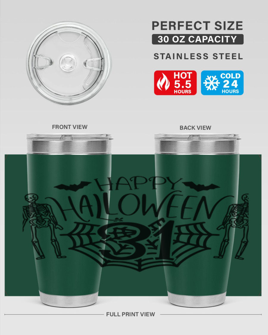 Happy Halloween 65# Tumbler in 20oz and 30oz sizes, featuring a festive design, double wall vacuum stainless steel construction, and a drink-thru lid.
