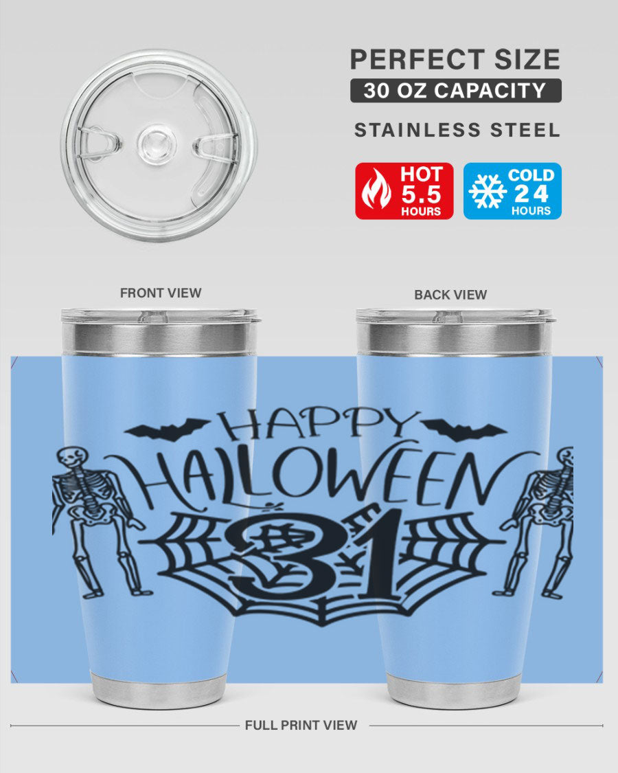 Happy Halloween 65# Tumbler in 20oz and 30oz sizes, featuring a festive design, double wall vacuum stainless steel construction, and a drink-thru lid.