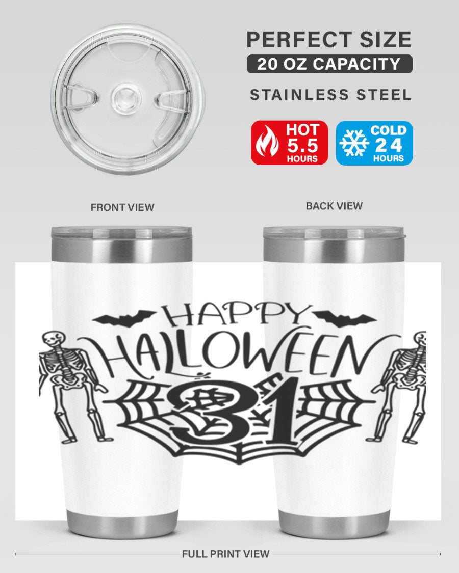 Happy Halloween 65# Tumbler in 20oz and 30oz sizes, featuring a festive design, double wall vacuum stainless steel construction, and a drink-thru lid.