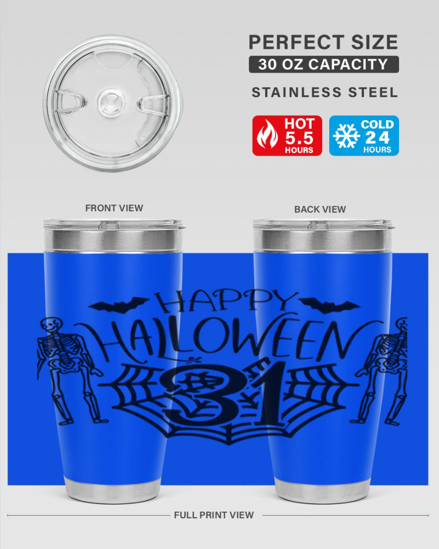 Happy Halloween 65# Tumbler in 20oz and 30oz sizes, featuring a festive design, double wall vacuum stainless steel construction, and a drink-thru lid.