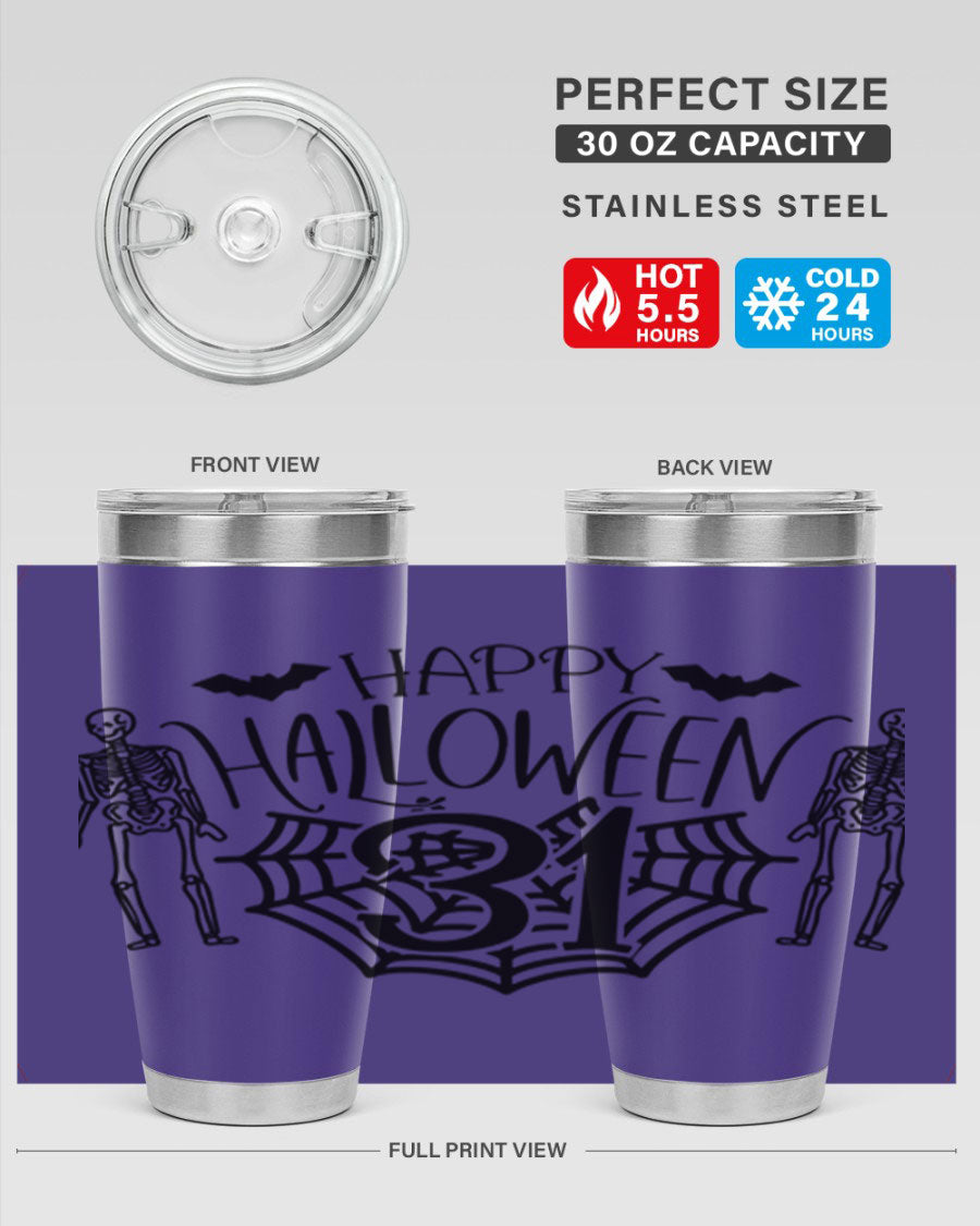 Happy Halloween 65# Tumbler in 20oz and 30oz sizes, featuring a festive design, double wall vacuum stainless steel construction, and a drink-thru lid.