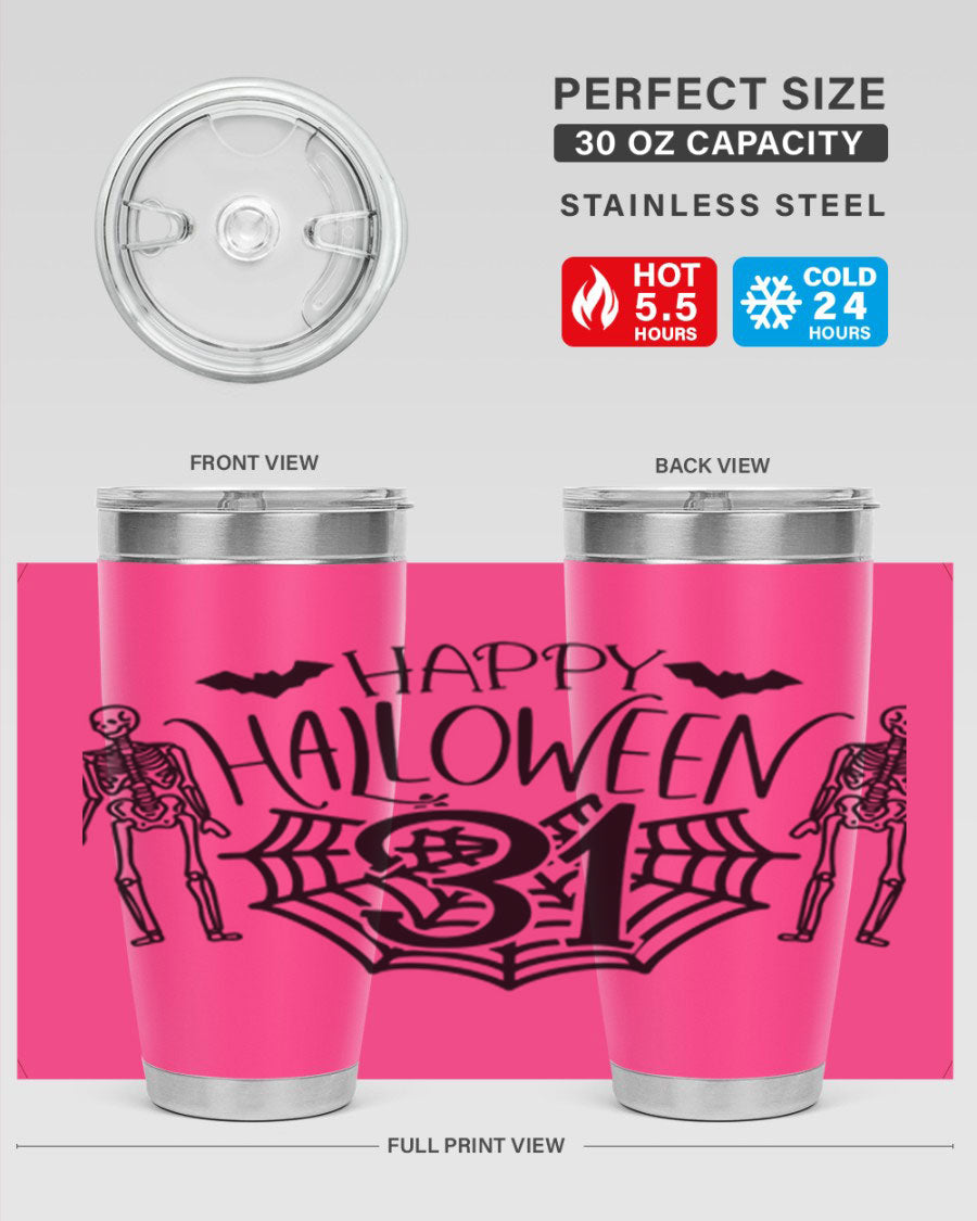 Happy Halloween 65# Tumbler in 20oz and 30oz sizes, featuring a festive design, double wall vacuum stainless steel construction, and a drink-thru lid.